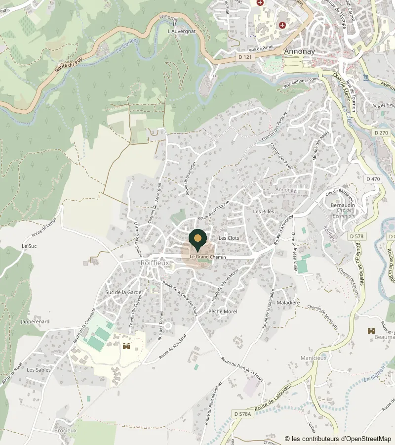 Carte de Roiffieux, au sud d’Annonay : le repère est placé sur la place de la Mairie, entre Le Grand Chemin et la route d’Annonay.