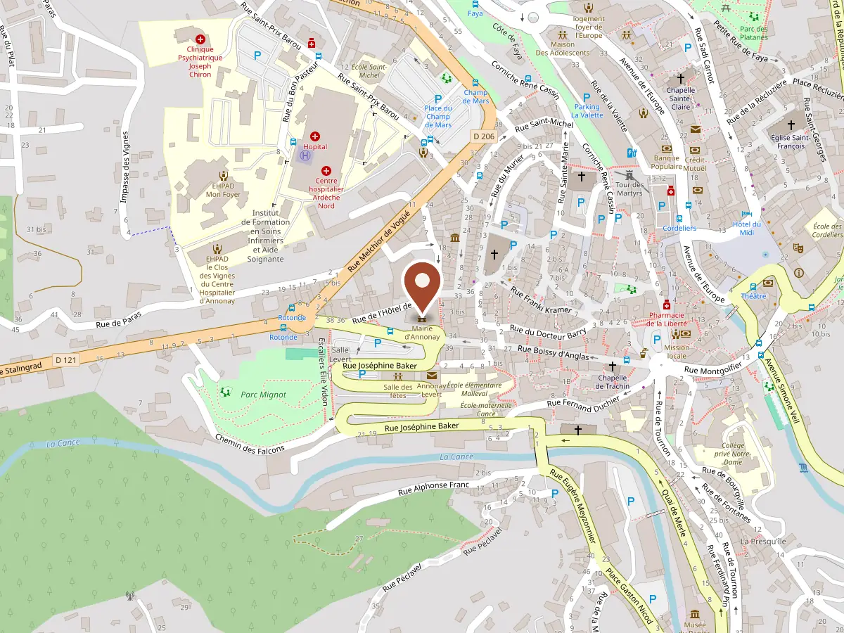 Carte du centre d'Annonay : le repère est placé sur la mairie, rue de l'Hôtel de Ville, au-dessus de la rue Joséphine Baker et de la Cance.