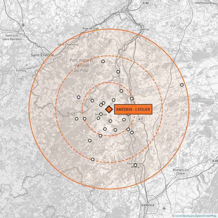 Carte de la zone d'intervention centrée sur Davézieux : trois cercles à 10, 20 et 30 km couvrent le bassin d'Annonay, le Pilat et la vallée du Rhône, de Pélussin au nord à Tournon-sur-Rhône au sud. La liste des communes figure à côté de la carte.